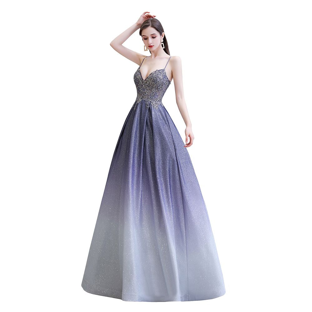 Robe de fête en ligne A scintillante spaghetti ombrée violet Glamous