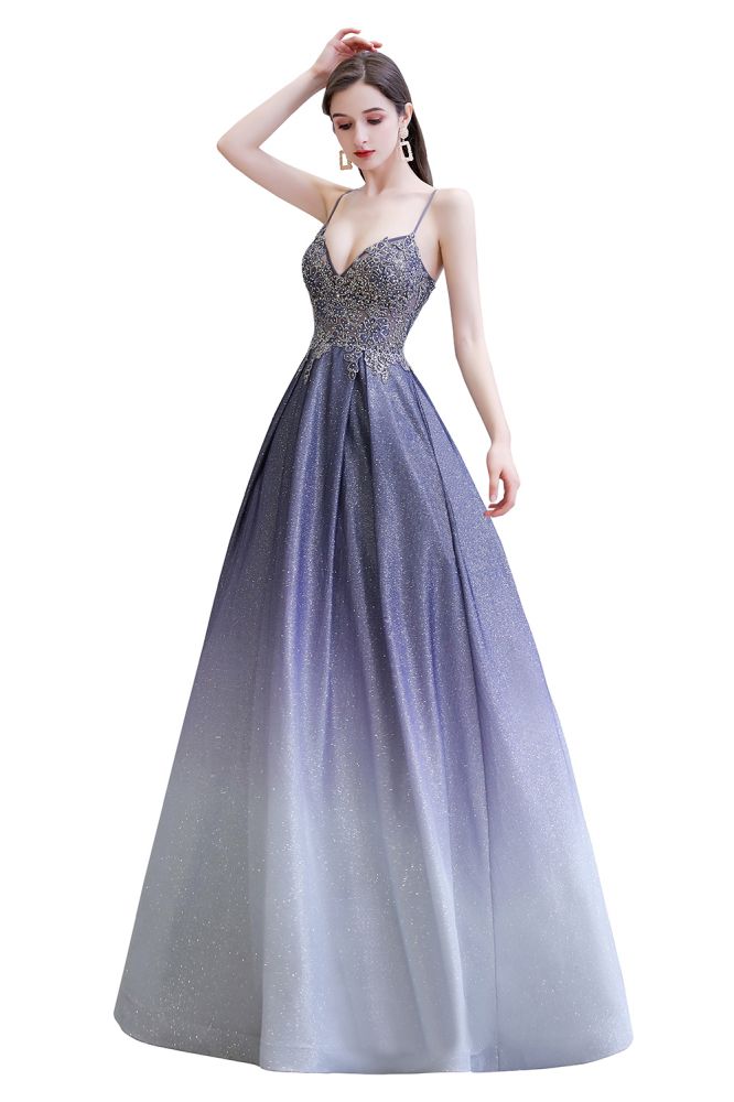 Robe de fête en ligne A scintillante spaghetti ombrée violet Glamous
