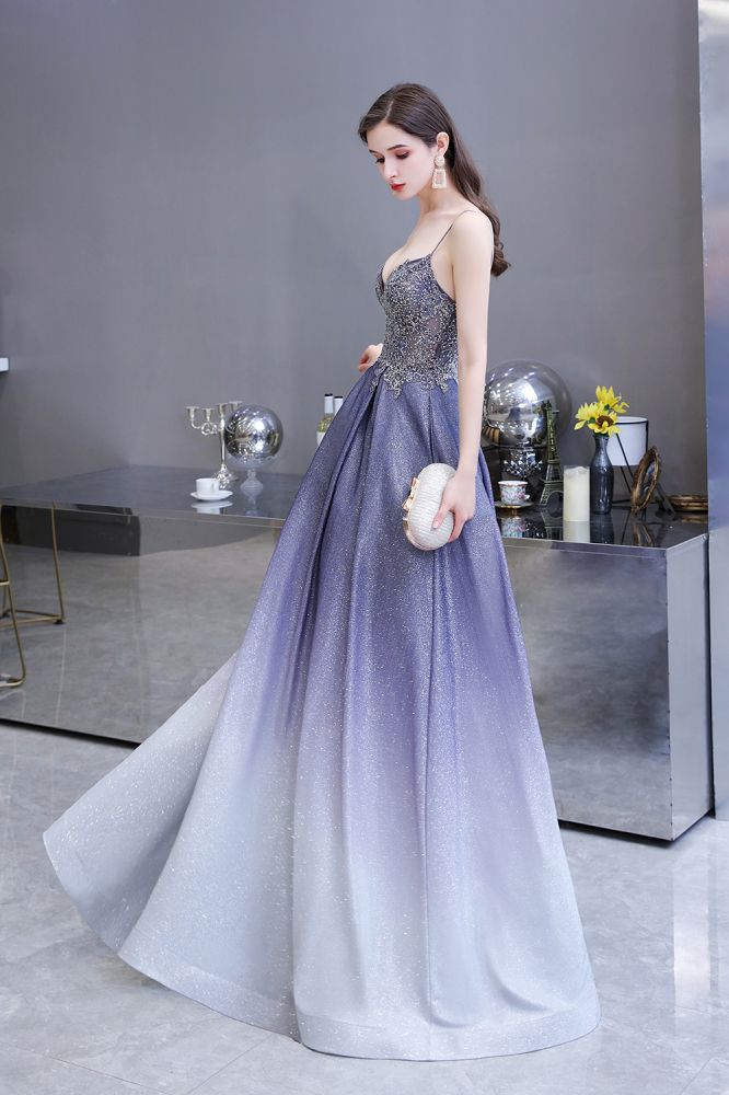 Robe de fête en ligne A scintillante spaghetti ombrée violet Glamous