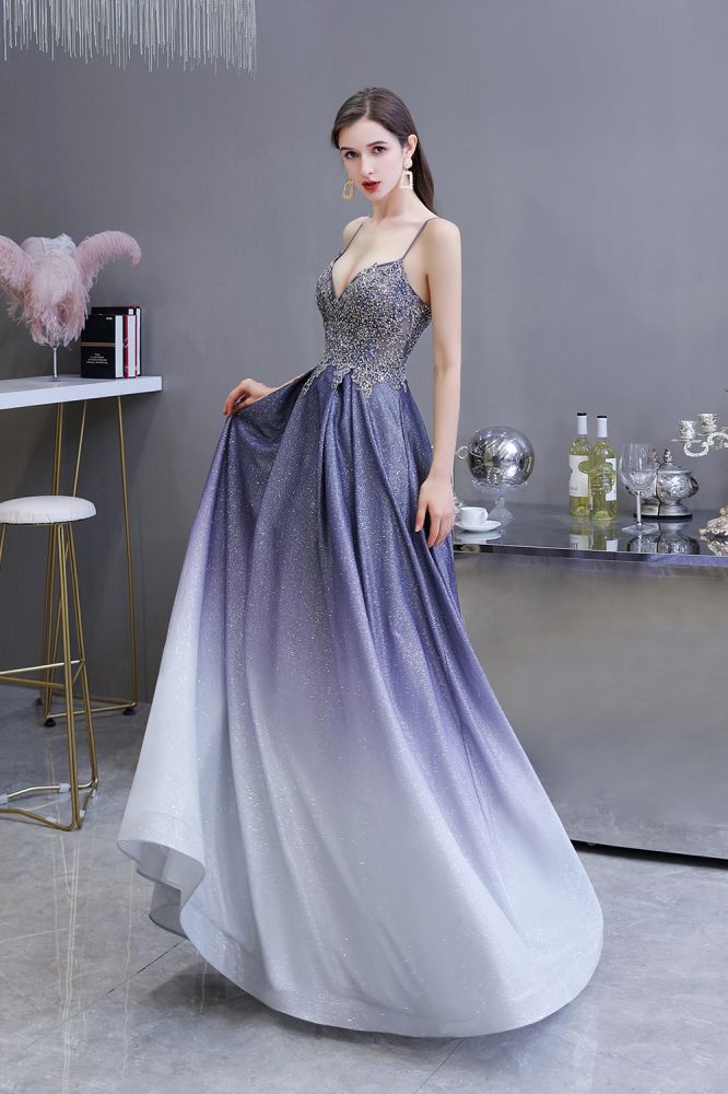 Robe de fête en ligne A scintillante spaghetti ombrée violet Glamous