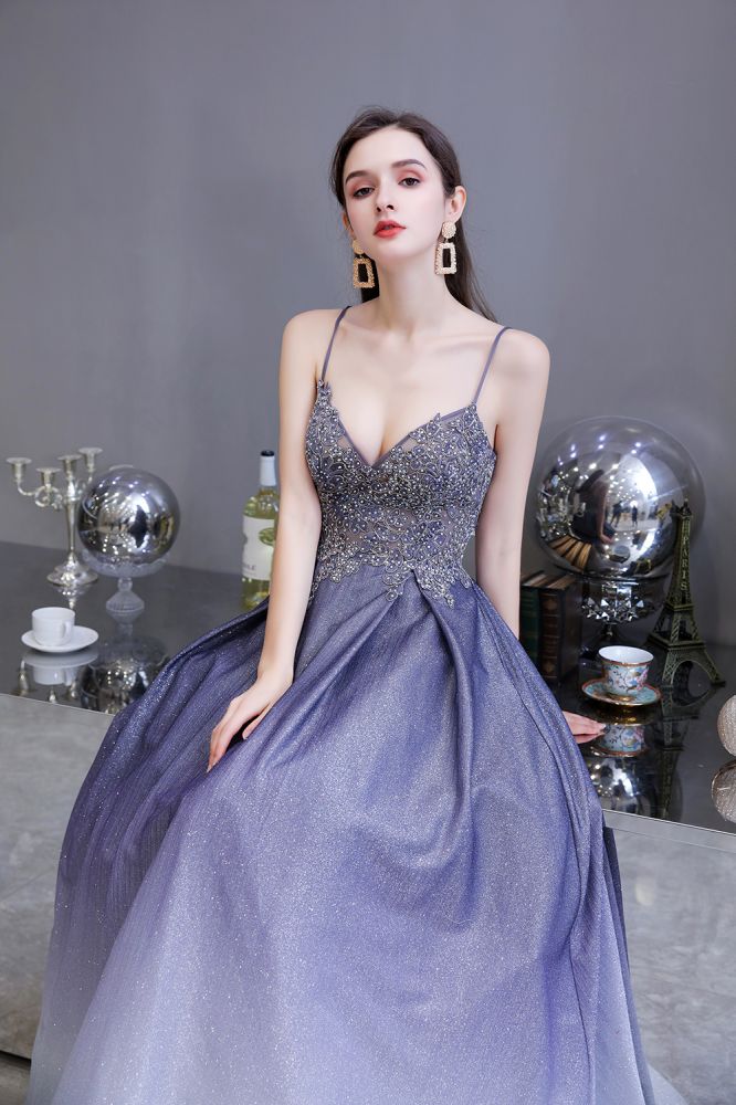Robe de fête en ligne A scintillante spaghetti ombrée violet Glamous