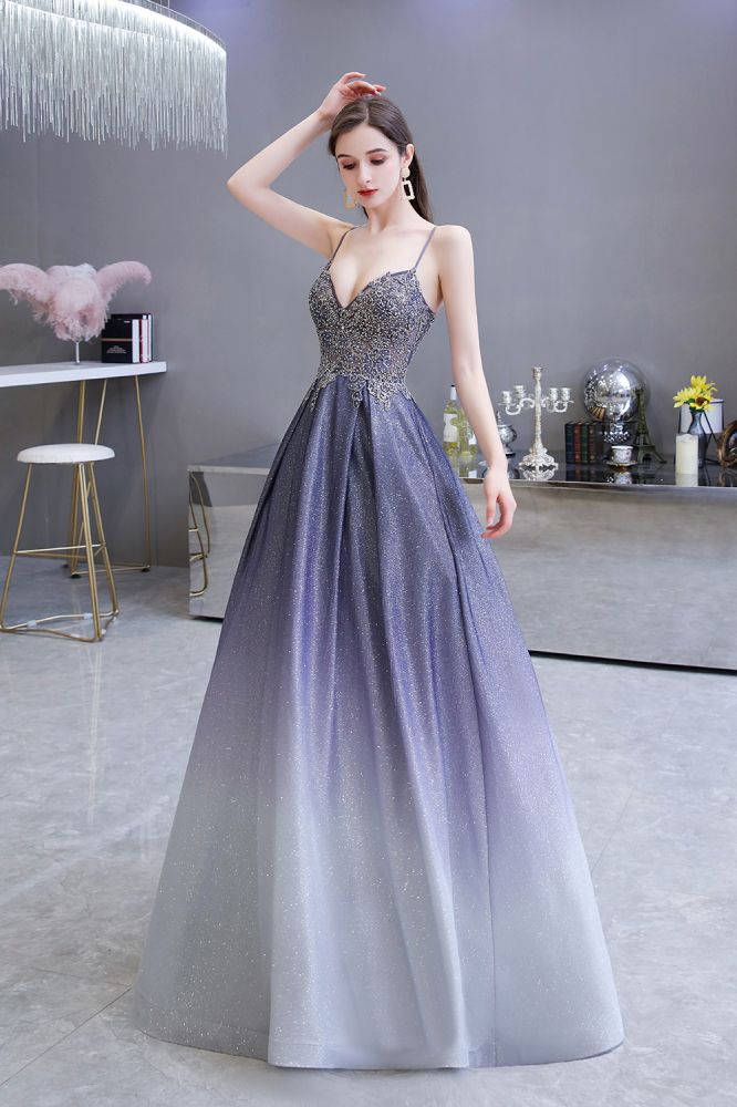 Robe de fête en ligne A scintillante spaghetti ombrée violet Glamous