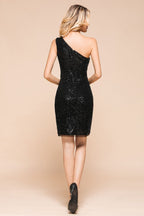 Glitzerndes schwarzes Pailletten-Minikleid mit einer Schulter und kurzem Cocktailkleid