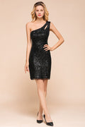 Glitzerndes schwarzes Pailletten-Minikleid mit einer Schulter und kurzem Cocktailkleid