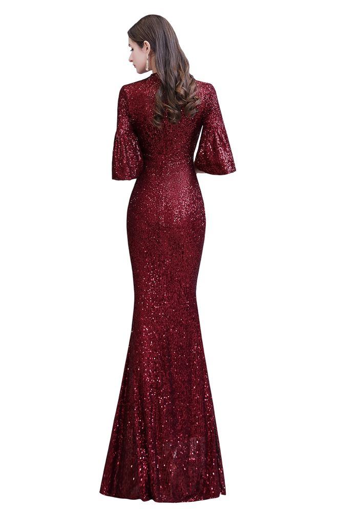 Robe de fête sirène bordeaux à paillettes, manches mi-longues et ouverture en trou de serrure