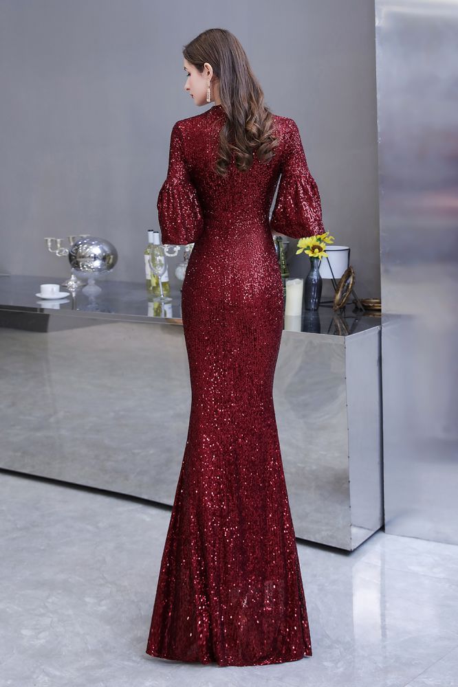 Robe de fête sirène bordeaux à paillettes, manches mi-longues et ouverture en trou de serrure