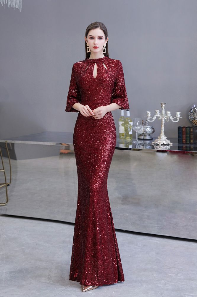 Robe de fête sirène bordeaux à paillettes, manches mi-longues et ouverture en trou de serrure