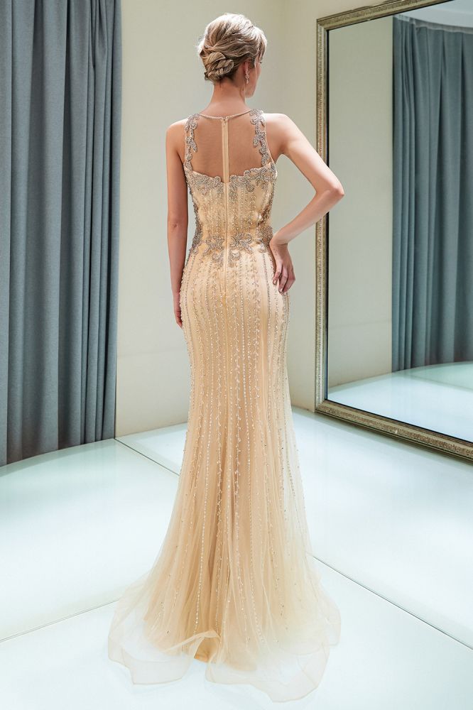Vestido de Festa Dourado com Lantejoulas, Sem Mangas, Decote Redondo, Cauda de Sereia