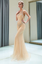 Vestido de Festa Dourado com Lantejoulas, Sem Mangas, Decote Redondo, Cauda de Sereia