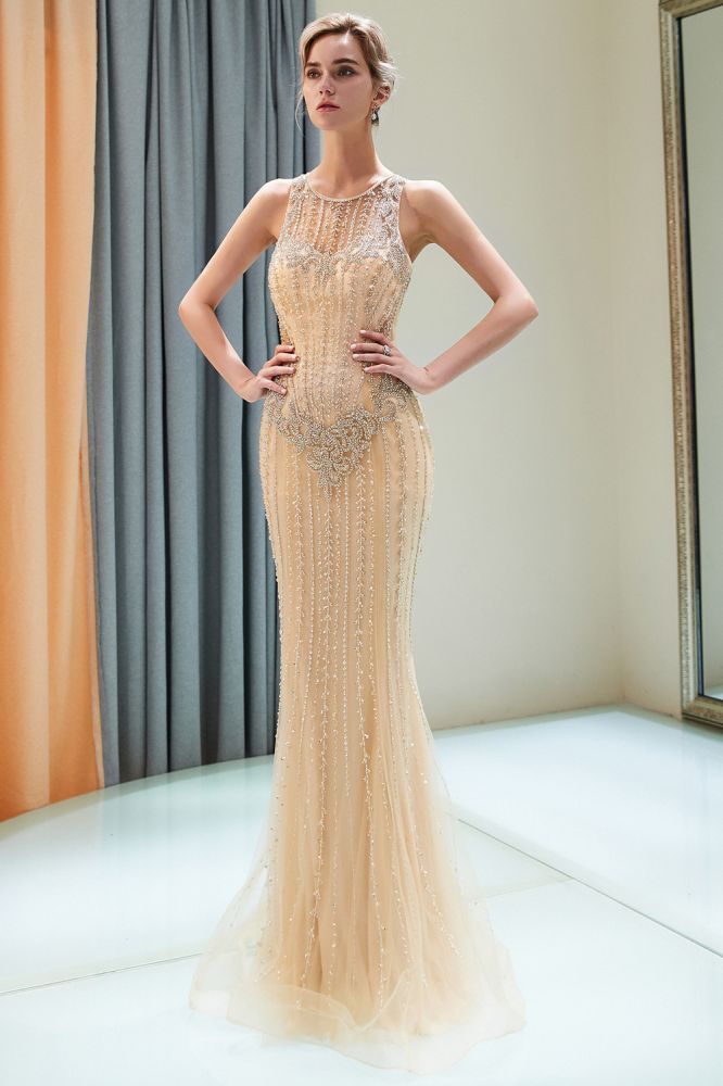 Vestido de Festa Dourado com Lantejoulas, Sem Mangas, Decote Redondo, Cauda de Sereia