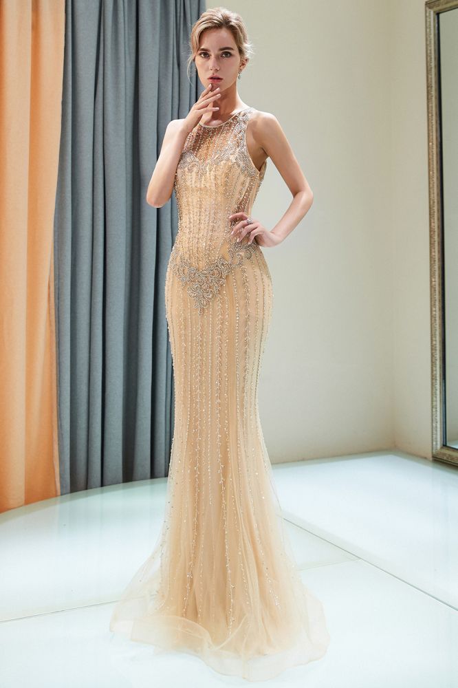 Vestido de Festa Dourado com Lantejoulas, Sem Mangas, Decote Redondo, Cauda de Sereia