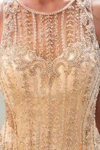 Vestido de Festa Dourado com Lantejoulas, Sem Mangas, Decote Redondo, Cauda de Sereia