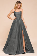 Robe longue de bal fendue, sans bretelles, dos nu, pailletée