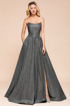 Robe longue de bal fendue, sans bretelles, dos nu, pailletée