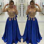 Robe de soirée à manches avec applications en dentelle et perles dorées