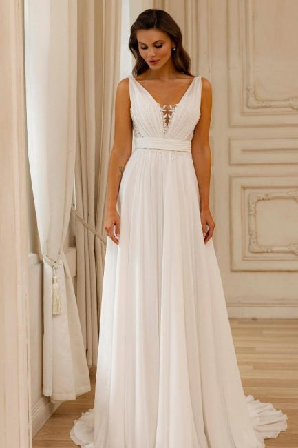 Hermosos vestidos de novia blancos sin mangas con escote en V, de gasa y encaje, con espalda abierta