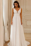 Hermosos vestidos de novia blancos sin mangas con escote en V, de gasa y encaje, con espalda abierta