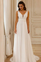 Hermosos vestidos de novia blancos sin mangas con escote en V, de gasa y encaje, con espalda abierta