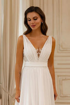 Hermosos vestidos de novia blancos sin mangas con escote en V, de gasa y encaje, con espalda abierta