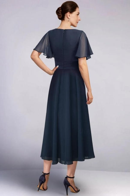Gorgeous A-Line Mother of The Bride Dress Chiffon V-Neck Cap Sleeve Bridesmaid Dresses With Ruffles