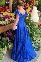 Vestido deslumbrante de renda em linha A para mãe da noiva, sem mangas, com decote ombro a ombro, vestido azul para damas de honor