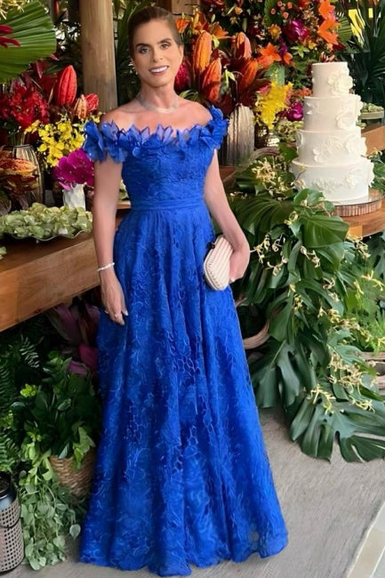 Vestido deslumbrante de renda em linha A para mãe da noiva, sem mangas, com decote ombro a ombro, vestido azul para damas de honor
