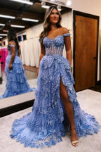 Hermosos vestidos de fiesta sin mangas con hombros descubiertos y encaje en forma de A con abertura