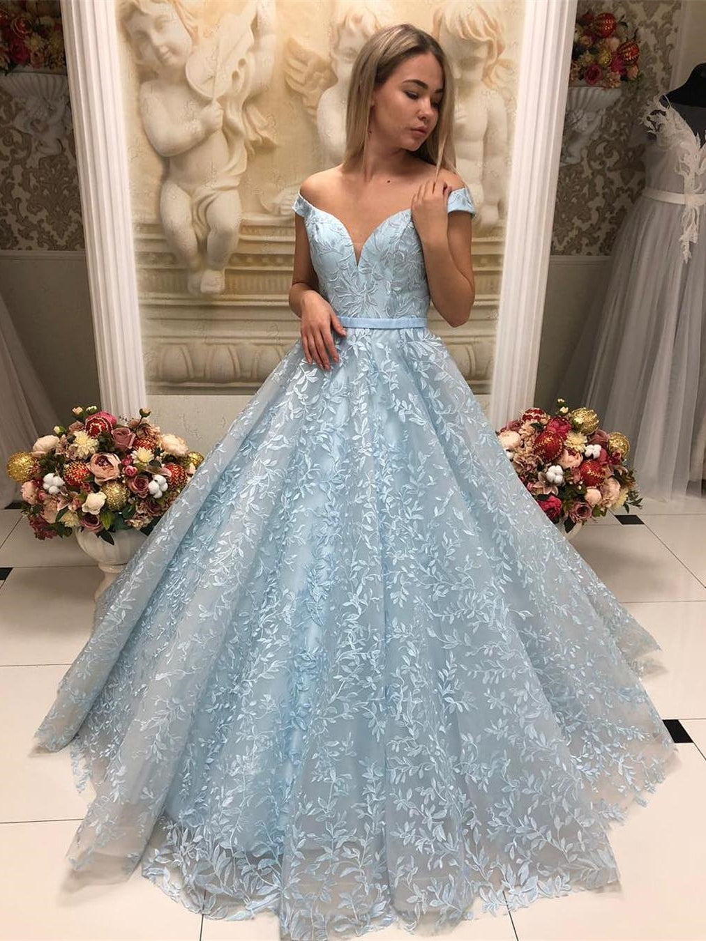 Superbes robes longues de bal en tulle et dentelle, ligne A, épaules dénudées