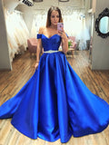 Superbes robes longues de bal en satin bleu royal, coupe trapèze, épaules dénudées, robes de soirée formelles