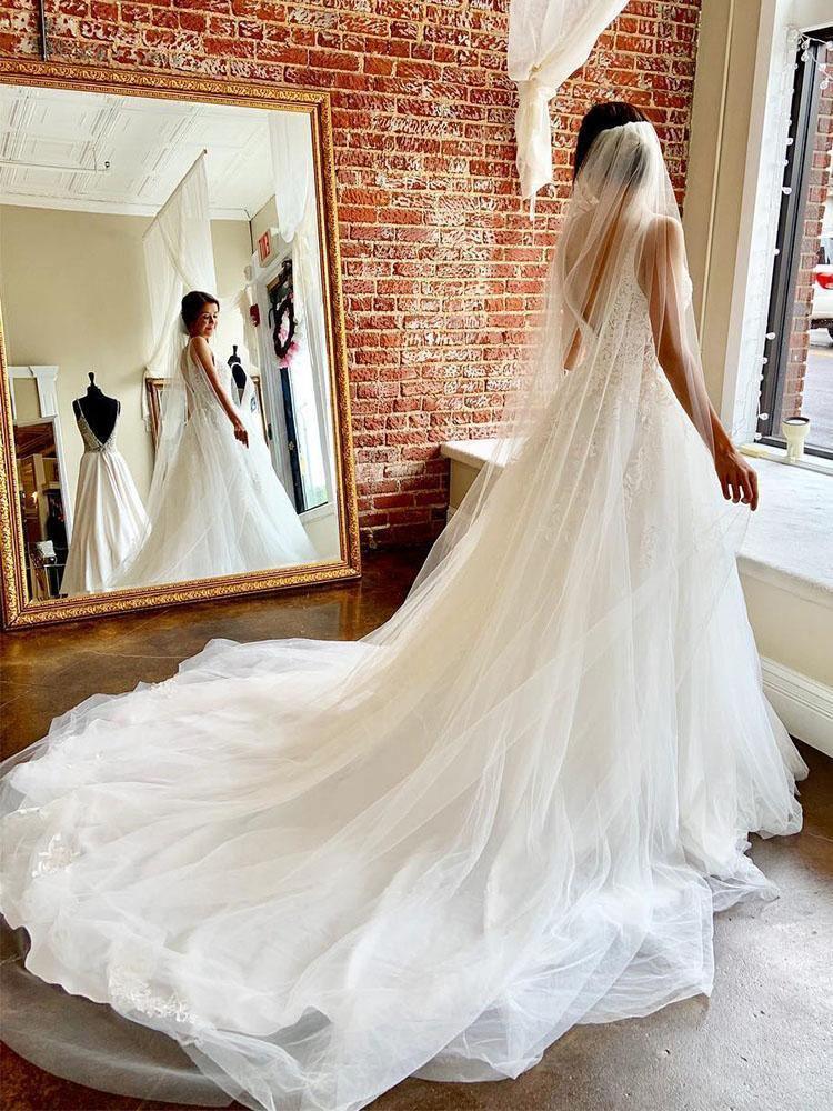 Vestidos de Noiva Lindos em Linha A com Decote em V, Costas Abertas e Tule com Apliques