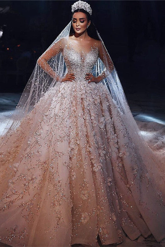 Abito da sposa principesco con perline splendide, floreale, collo trasparente e maniche lunghe