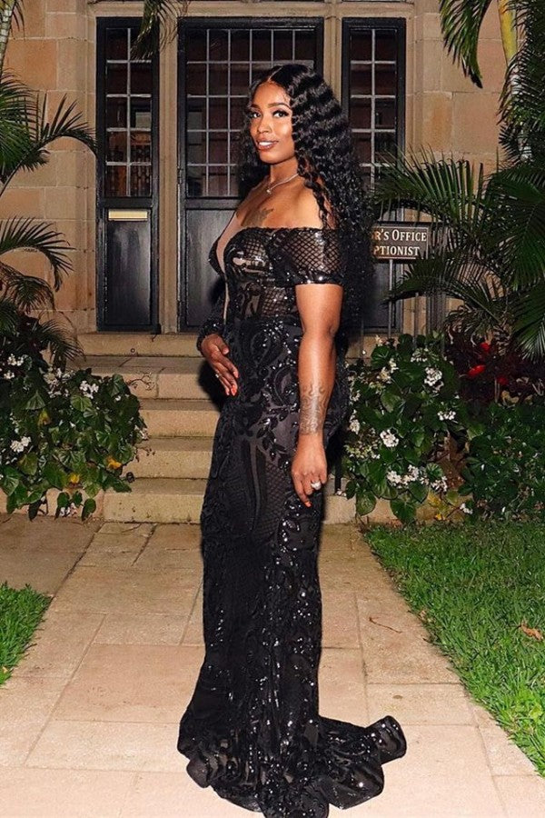 Hermoso vestido de fiesta negro largo de sirena con un solo hombro de tul y encaje con mangas