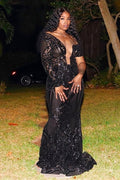 Magnifique robe de bal sirène noire à manche longue et épaule dénudée en dentelle
