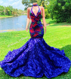 Vestidos de fiesta sirena azul hermosos con apliques, escote en V halter, sin mangas y largo hasta el suelo