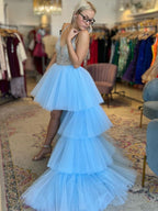 Superbes robes de bal en tulle bleu à encolure en V, taille haute et basse, ligne A, ornées de perles, avec traîne