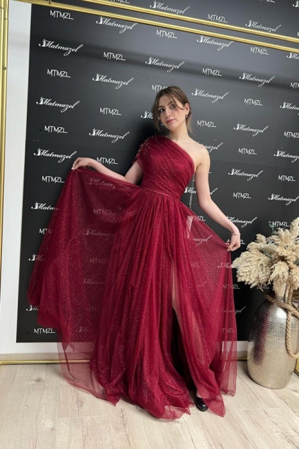 Superbes robes de soirée longues bordeaux pailletées en ligne A, à une épaule, sans manches, avec fente