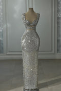 Magnifique robe de bal argentée à colonnes, sans manches, à épaules dénudées, ornée de paillettes
