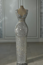 Magnifique robe de bal argentée à colonnes, sans manches, à épaules dénudées, ornée de paillettes