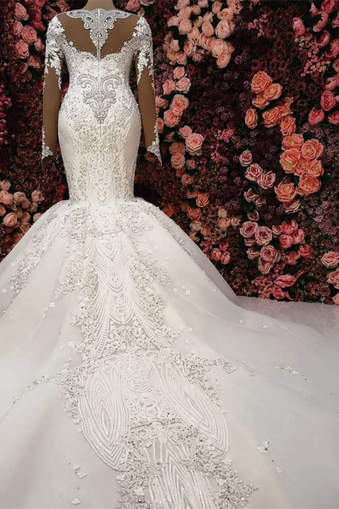 Robe de mariée sirène somptueuse ornée de cristaux, manches longues, traîne de chapelle