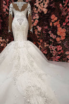 Robe de mariée sirène somptueuse ornée de cristaux, manches longues, traîne de chapelle