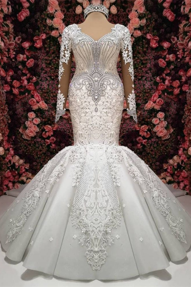 Robe de mariée sirène somptueuse ornée de cristaux, manches longues, traîne de chapelle