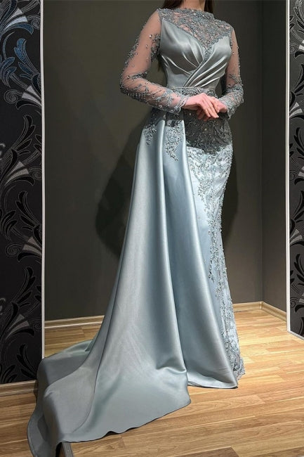 Hermoso vestido de fiesta de satén elástico estilo sirena con mangas largas y apliques en gris