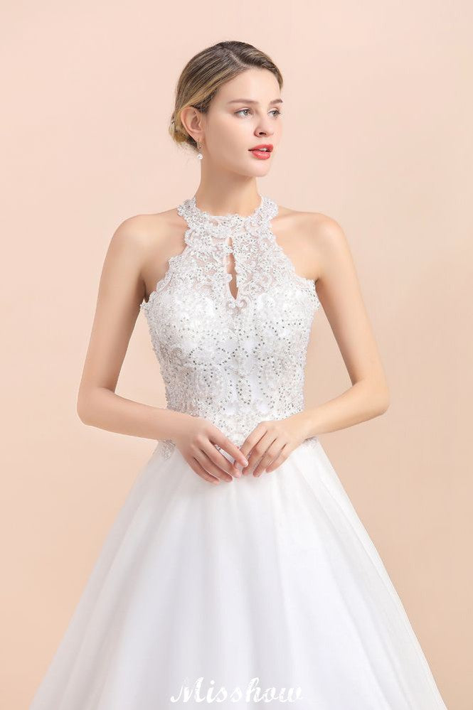 Magnifique robe de mariée dos nu ornée de strass, tulle blanc, appliques en dentelle, robe de mariée ligne A