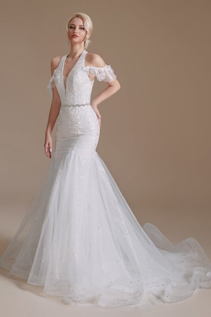 Superbes robes de mariée longues en tulle, style sirène, sans manches, à col licou, ornées d'appliques