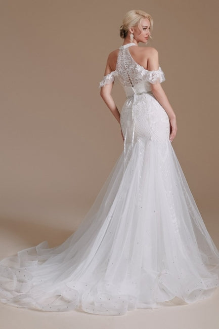 Superbes robes de mariée longues en tulle, style sirène, sans manches, à col licou, ornées d'appliques