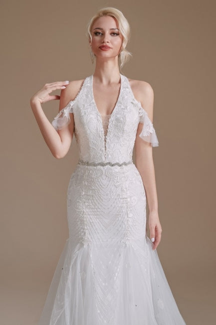 Superbes robes de mariée longues en tulle, style sirène, sans manches, à col licou, ornées d'appliques
