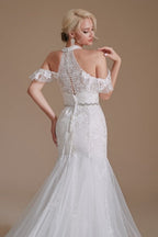 Superbes robes de mariée longues en tulle, style sirène, sans manches, à col licou, ornées d'appliques