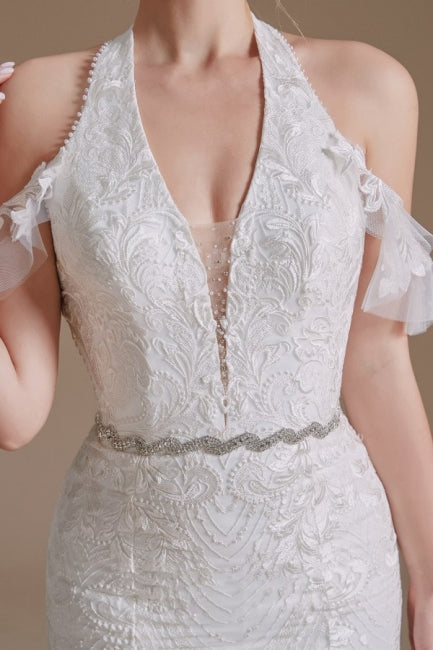 Superbes robes de mariée longues en tulle, style sirène, sans manches, à col licou, ornées d'appliques