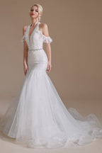 Superbes robes de mariée longues en tulle, style sirène, sans manches, à col licou, ornées d'appliques