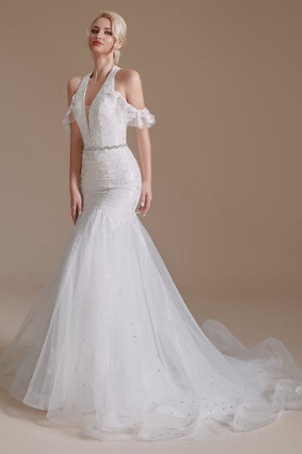 Superbes robes de mariée longues en tulle, style sirène, sans manches, à col licou, ornées d'appliques